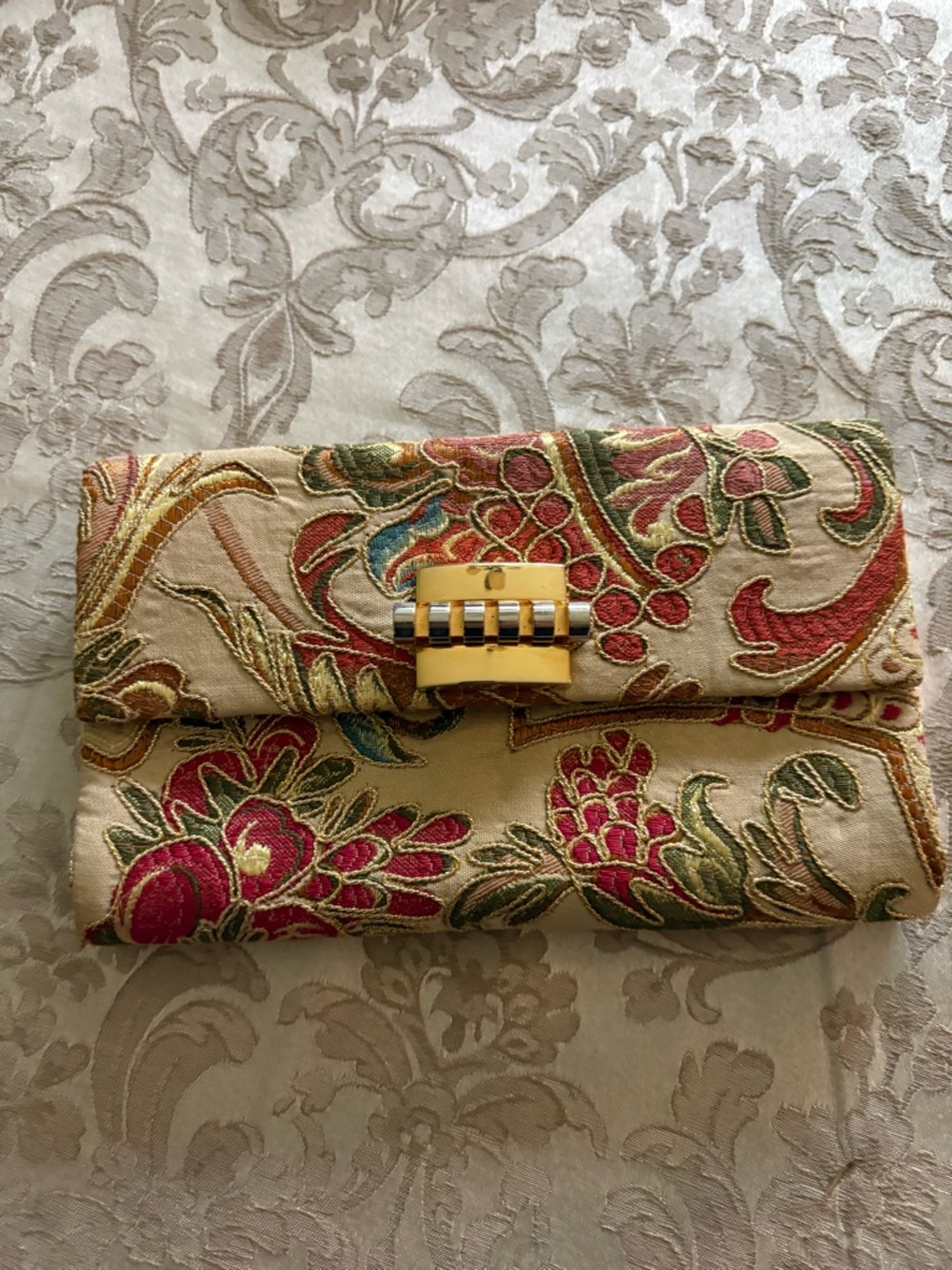 Vintage Rodo Embroidered Floral Clutch Bag in Cream and Red with gold and silver